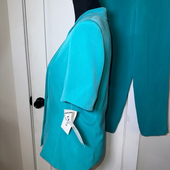 VINTAGE NWT 100% SILK Teal Women's Blazer Top & Pants Set - Picture 9 of 15